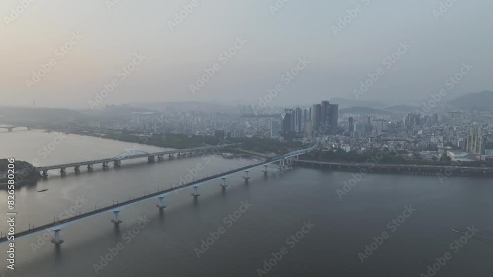 Drone View of Seoul city in South Korea, Dangsan, Han river, summer, sunset Drone View of Seoul city in South Korea, Dangsan, Han river, summer, sunset