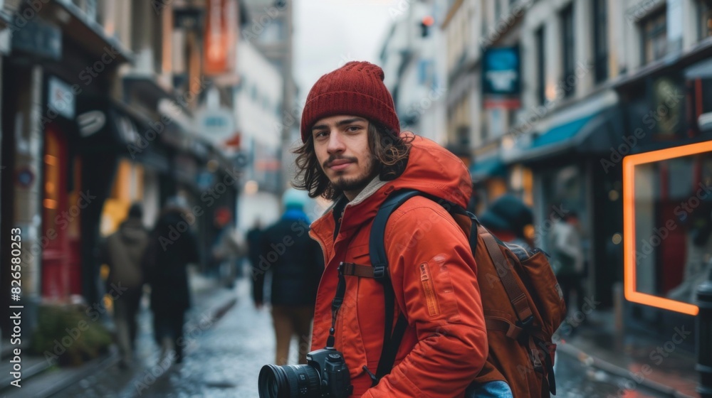 Young man dressed in winter coat, hat and scarf taking photo in forest with DSLR camera, cold snowy winter morning. Young man dressed in winter coat, hat and scarf taking photo in forest with DSLR camera, cold snowy winter morning.