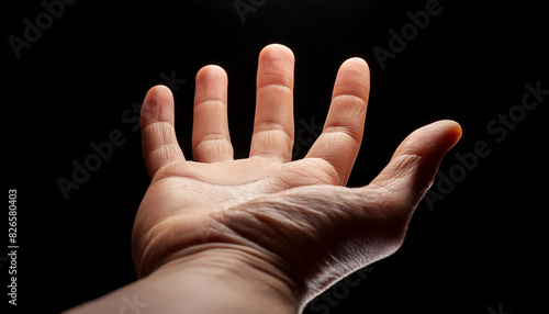 A hand with spread fingers reaching upwards, palm open, evoking curiosity and a sense of seeking. dark background.