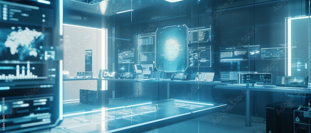 A futuristic workspace with transparent screens and floating holograms A futuristic workspace with transparent screens and floating holograms