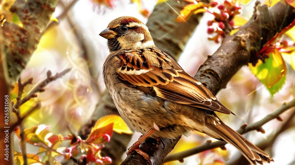 A bird perched on a tree's branch, surrounded by red and yellow foliage, with a hazy sky behind it A bird perched on a tree's branch, surrounded by red and yellow foliage, with a hazy sky behind it