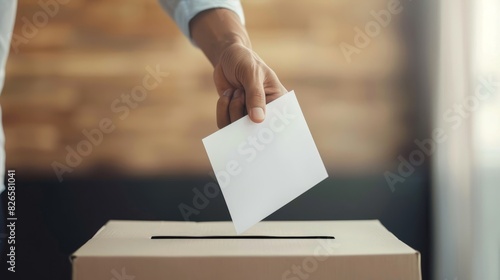 Hand placing voting ballot in ballot box, elections concept photo
