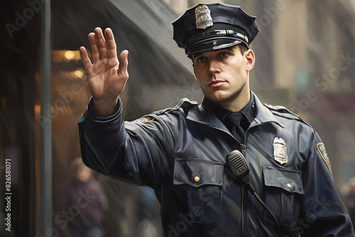 A uniformed police officer raises his hand to signal a stop, conveying authority and ensuring compliance.