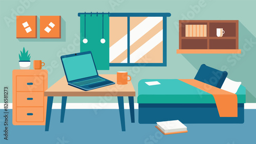A foldout table in a bedroom with a laptop and a calendar hanging on the wall.. Vector illustration
