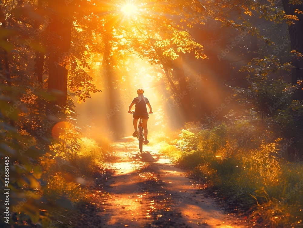 Cyclist Riding Down Sunlit Forest Path Symbolizing Adventure and New Beginnings
