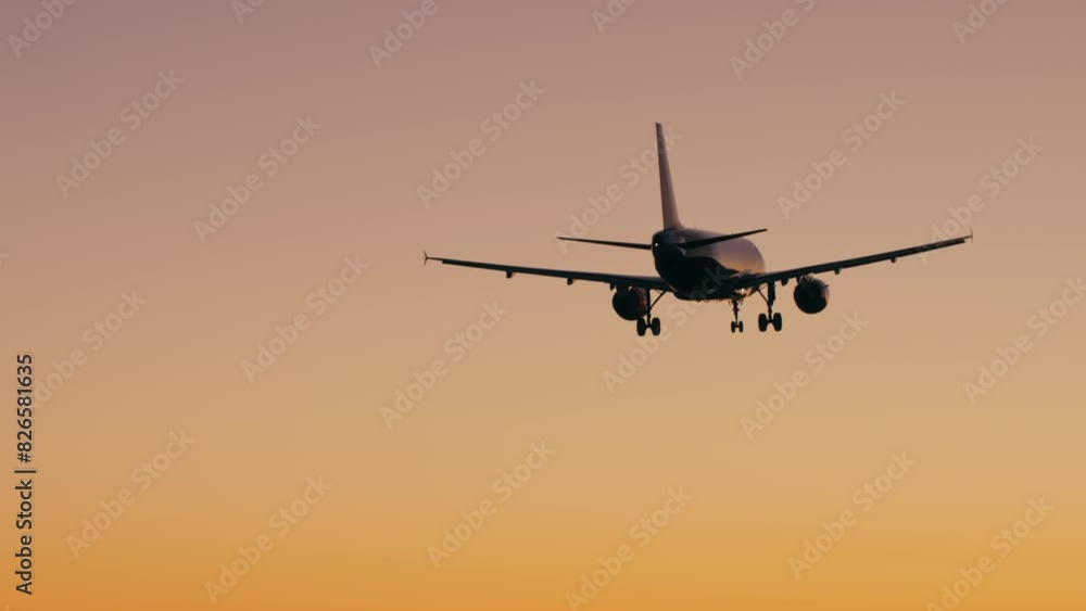 Airplane landing to airport runway at sunset, plane arrivals, international airport spotting, boarding of big passengers international flight. Airplane landing to airport runway at sunset, plane arrivals, international airport spotting, boarding of big passengers international flight.