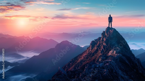 Visionary Leader Atop Mountain Peak Overlooking Boundless Horizon of Possibilities