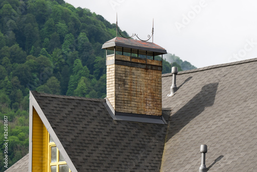 Brick chimney of a private residential building. Chimney of a private house against the background of the sky and green forest.