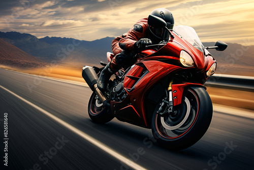 A motorcyclist wearing full gear races a red sport bike at high speed on a racetrack curve.