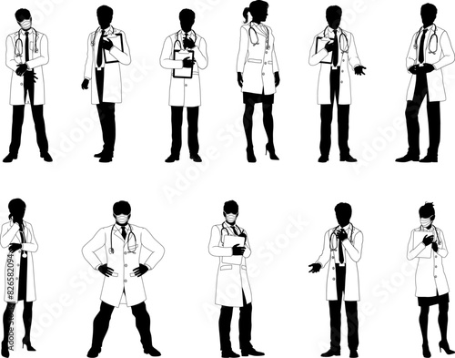 Silhouette doctor men and women medical healthcare people in lab coats. Some holding a clipboard or wearing PPE masks.