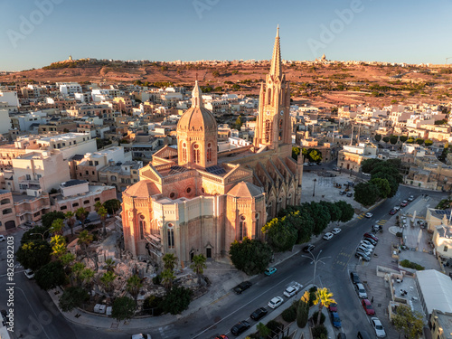 Aerial view of historic Ghajnsielem Parish church in Gozo, Mgarr, Ghajnsielem, Malta.