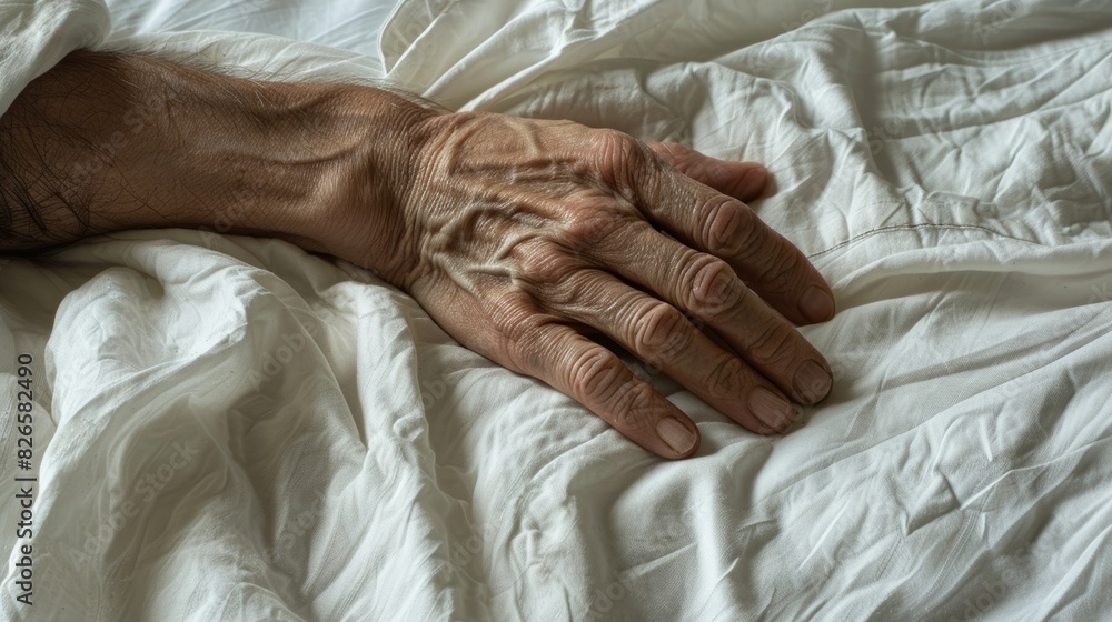 Fototapeta premium A close-up of a bedridden patient's hand, revealing the delicate tracery of veins and the fragility of life.