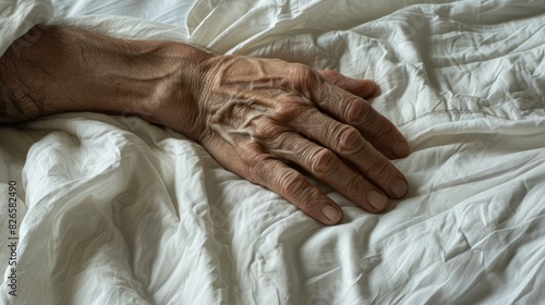 A close-up of a bedridden patient's hand, revealing the delicate tracery of veins and the fragility of life.