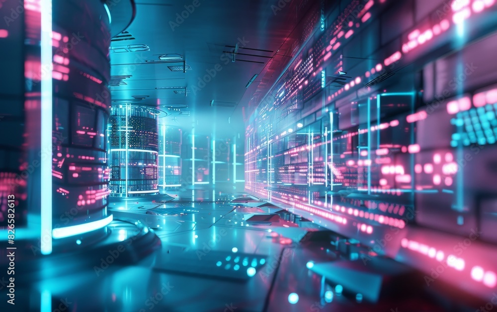 A futuristic digital fortress, seen in a 3D realistic style, showcasing glowing data walls and advanced security measures A futuristic digital fortress, seen in a 3D realistic style, showcasing glowing data walls and advanced security measures