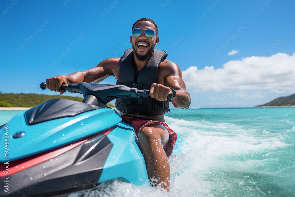Joyful man riding a jet ski, enjoying a sunny adventure on the open water.