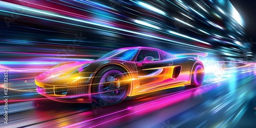 Futuristic car speeding through neon cyber city with glowing light trails at night. Concept Cyber City Nightscape, Futuristic Car, Light Trails, Neon Lights, Sci-Fi Photography © Ян Заболотний