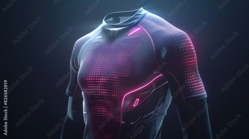 Illustrate a cutting-edge smart t-shirt embedded with sensors that monitor vital signs, combining a sporty and high-tech aesthetic for a fitness brands promotional material Illustrate a cutting-edge smart t-shirt embedded with sensors that monitor vital signs, combining a sporty and high-tech aesthetic for a fitness brands promotional material