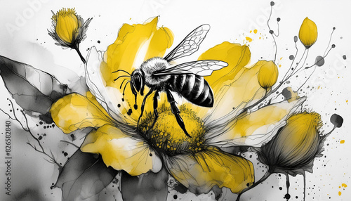 A black and yellow drawing of a bee on a yellow flower photo