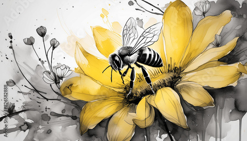 A black and yellow drawing of a bee on a yellow flower