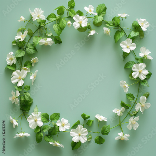 A white flower wreath with green leaves surrounding it