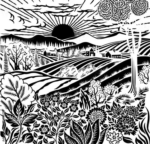 Rolling hills, fields and farm or vineyards background illustration. Wild flowers, plants in foreground. Forests, mountains in background. In intage retro woodcut or lino print or linoleum cut style