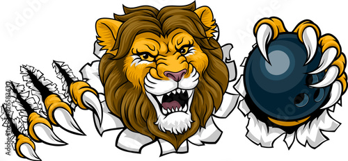 A lion ten pin bowling ball animal sports team mascot