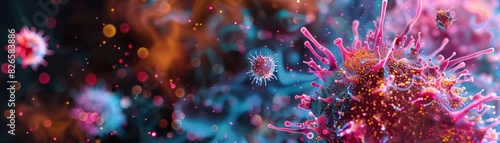 A detailed close-up of a virus under a microscope  vibrant colors  intricate structures  high-detail  scientific and visually captivating.3D vector illustrations