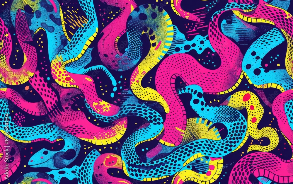 A colorful composition featuring abstract snakes with a neon color palette and dynamic patterns on a dark background. A colorful composition featuring abstract snakes with a neon color palette and dynamic patterns on a dark background.