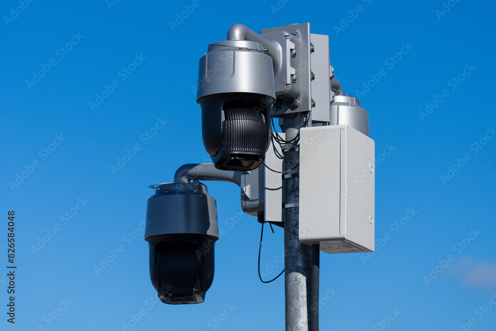 CCTV cameras on the city street. Outdoor CCTV cameras. Street video surveillance. Large street security cameras. CCTV cameras on the city street. Outdoor CCTV cameras. Street video surveillance. Large street security cameras.