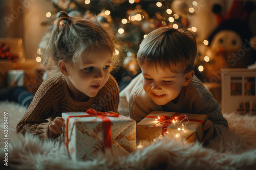 Excited children unwrapping colorful presents under a sparkling Christmas tree with a warm  cozy living room setting.. AI generated.