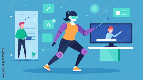 The virtual instructor uses motioncapture technology to ensure each participants posture and form are correct providing valuable feedback.. Vector illustration