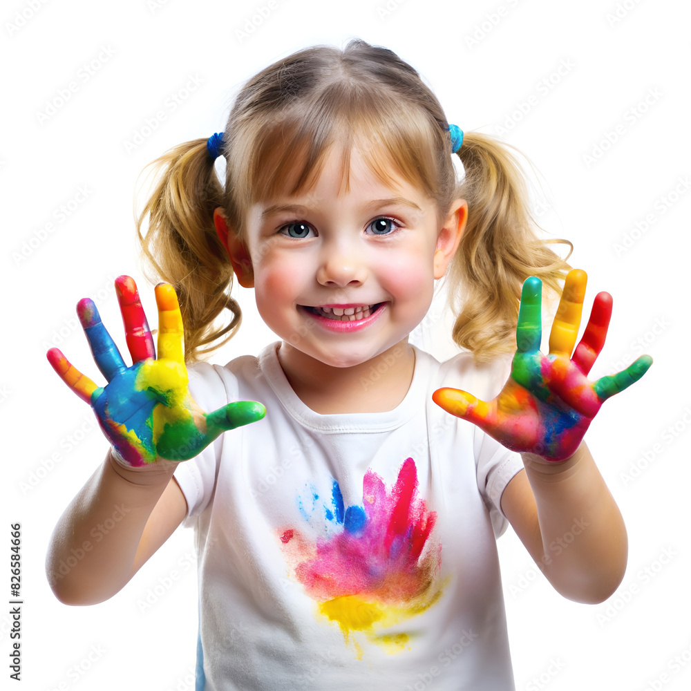 Smiling girl with colorful painted hands, showing creativity and happiness on a white background Smiling girl with colorful painted hands, showing creativity and happiness on a white background