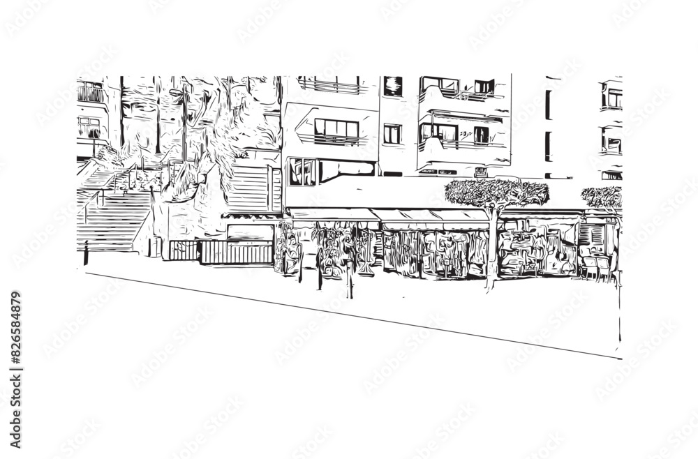 Fototapeta premium Print Building view with landmark of Santa Ponsa is the village in Spain. Hand drawn sketch illustration in vector.