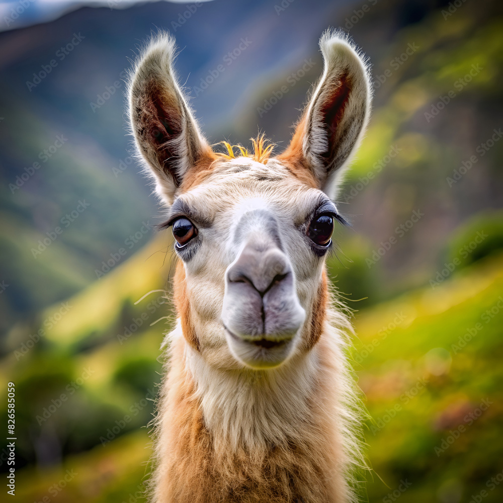 Obraz premium Close-up of a llama's face with blurred greenery in the background