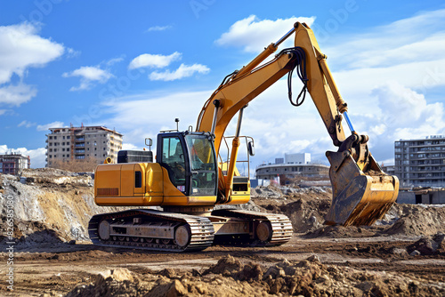 A large yellow excavator digging at a construction site  with urban residential buildings in the backdrop.