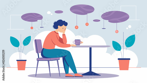 A sketch of a person sitting alone in a cafe with thought bubbles showing their insecurities and selfdoubt.. Vector illustration