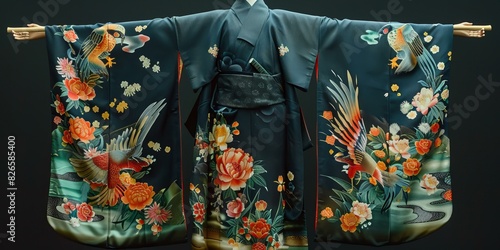 A kimono with a pattern of phoenixes and flowers. © Du