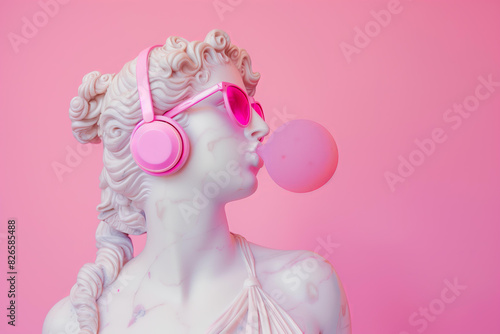 goddess in pink sunglasses and headphones, blowing bubblegum. Greek statue,modern art, pop culture fusion, contemporary decor, trendy advertisement, youth fashion campaigns, quirky interior design