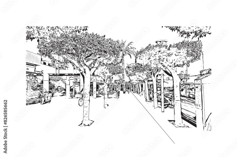 Fototapeta premium Print Building view with landmark of Santa Ponsa is the village in Spain. Hand drawn sketch illustration in vector.