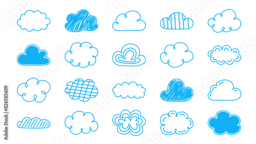 Set with hand drawn cloud icons. Cartoon style weather elements. Vector illustration
