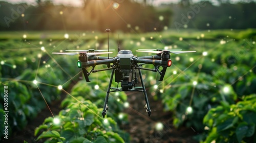 Advanced agricultural drone flying over a field at sunset, enhancing modern farming techniques with technology. Generative Ai