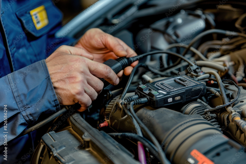 Fototapeta premium mechanic's hands using a diagnostic tool on a car engine