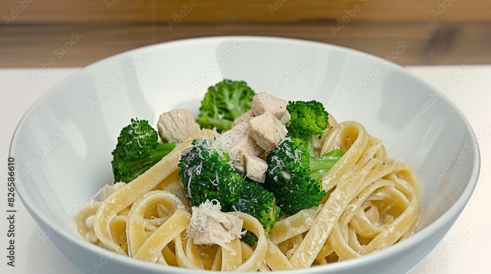 A pasta bowl with broccoli, chicken, and Parmesan on a white plate A pasta bowl with broccoli, chicken, and Parmesan on a white plate