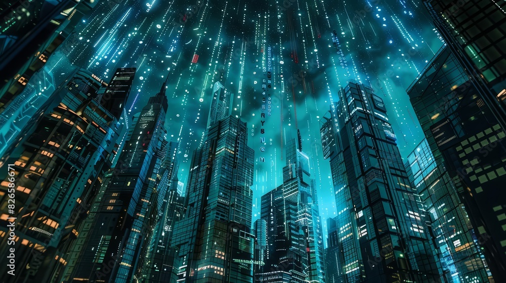 Futuristic cityscape at night with glowing skyscrapers and digital lights raining down from the sky, creating a sci-fi atmosphere.