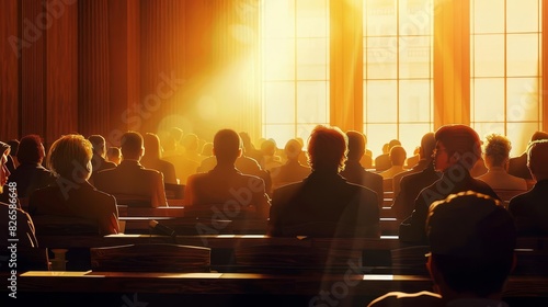 focused diverse jury listening intently in sunlit courtroom attentive legal proceedings realistic illustration photo