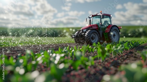 Futuristic farming: Tractor illuminated by digital lights showcasing advanced agricultural technology at sunset. Generative Ai