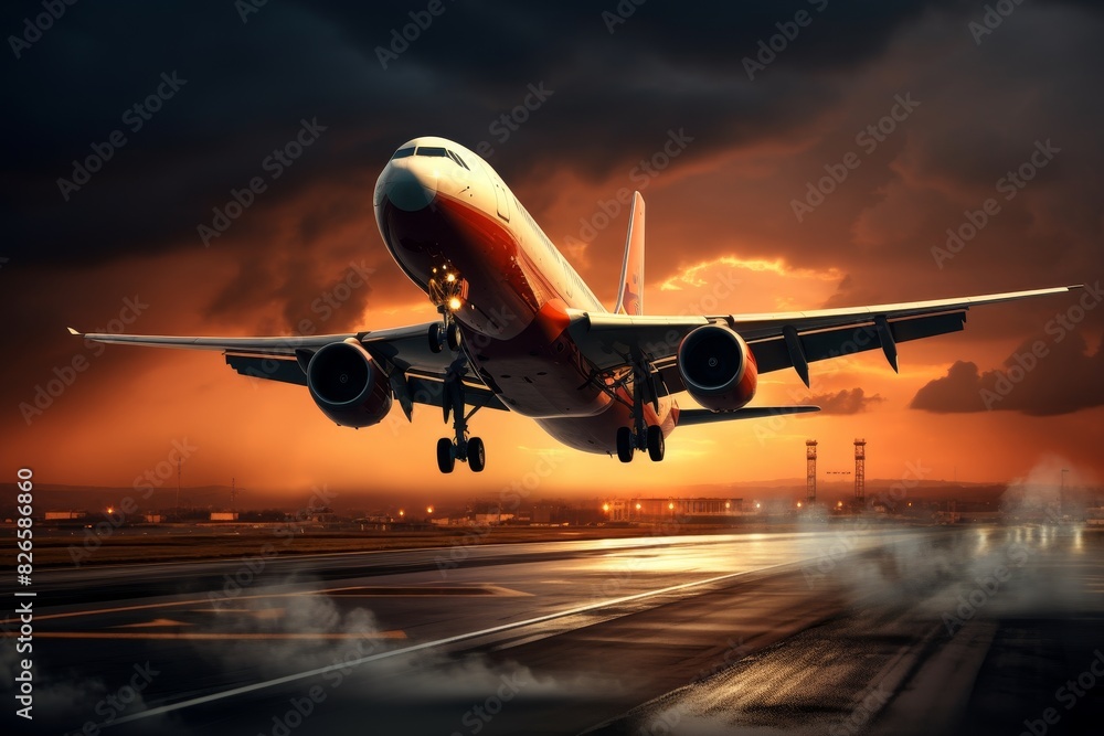 Large jet plane taking off from airport runway at sunset or dawn with landing gear down Large jet plane taking off from airport runway at sunset or dawn with landing gear down