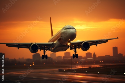 Large commercial jet airplane taking off at sunset or dawn with landing gear extended