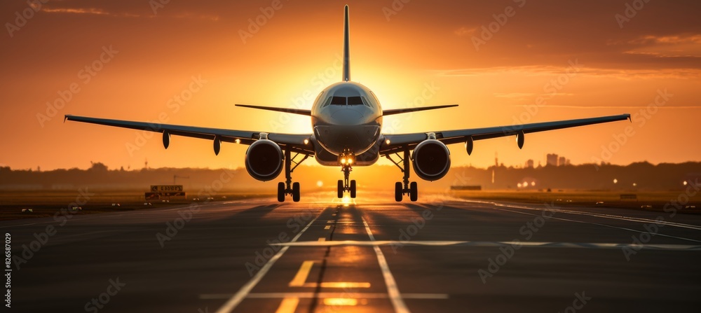 Commercial jet taking off from airport runway at sunset or dawn with landing gear down Commercial jet taking off from airport runway at sunset or dawn with landing gear down