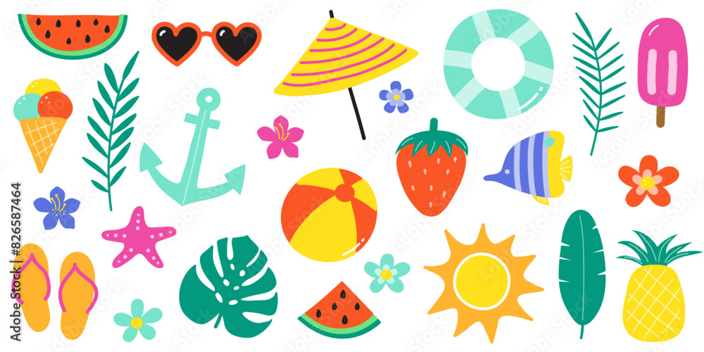 Cartoon hand drawn summer icons. Set with colourful holiday stickers. Vector illustration